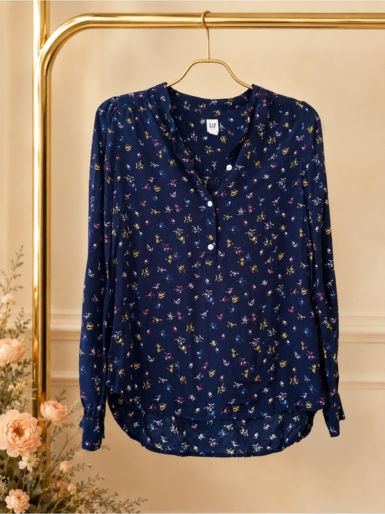 GAP Tops - GAP Navy Ditsy Floral Long Sleeve Henley Popover Blouse Small